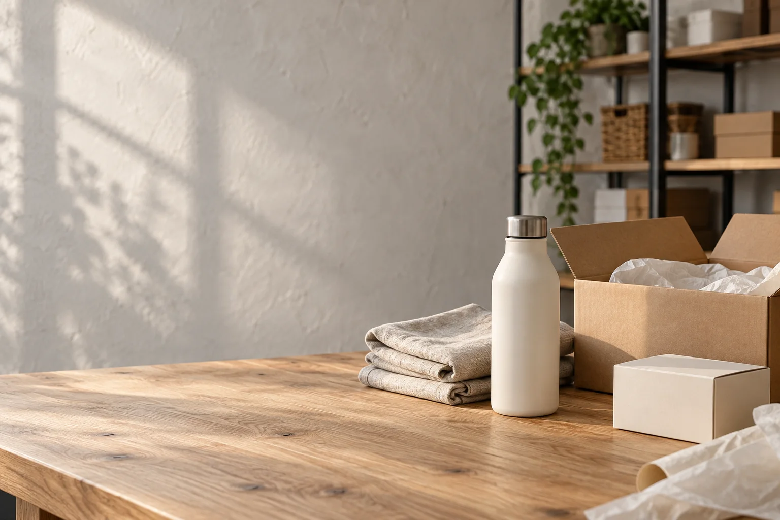 Carefully packed products and shipping materials in an e-commerce studio